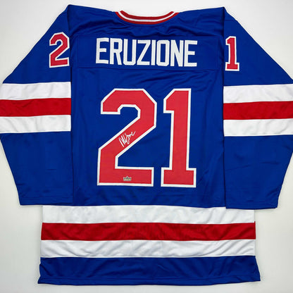 Facsimile Autographed Mike Eruzione United States USA Blue 1980 Miracle on Ice Reprint Laser Auto Hockey Jersey Size Men's XL