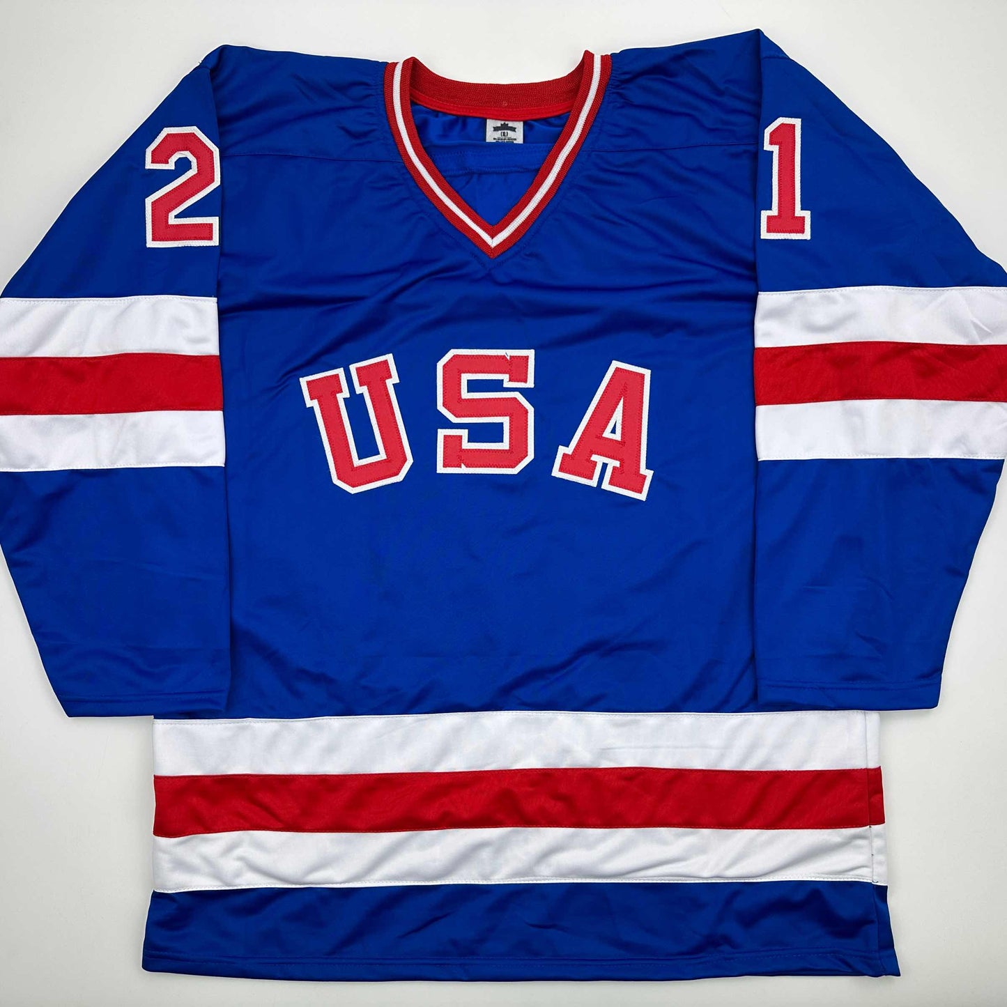 Facsimile Autographed Mike Eruzione United States USA Blue 1980 Miracle on Ice Reprint Laser Auto Hockey Jersey Size Men's XL