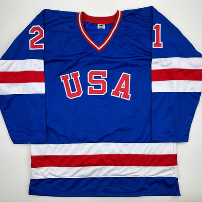 Facsimile Autographed Mike Eruzione United States USA Blue 1980 Miracle on Ice Reprint Laser Auto Hockey Jersey Size Men's XL