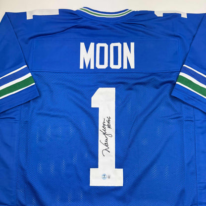 Autographed/Signed Warren Moon HOF 06 Seattle Blue Retro Football Jersey Beckett BAS COA