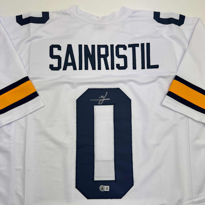 Autographed/Signed Mike Sainristil Michigan White College Football Jersey Beckett BAS COA