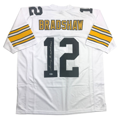 Autographed/Signed Terry Bradshaw Pittsburgh White Football Jersey Beckett BAS COA