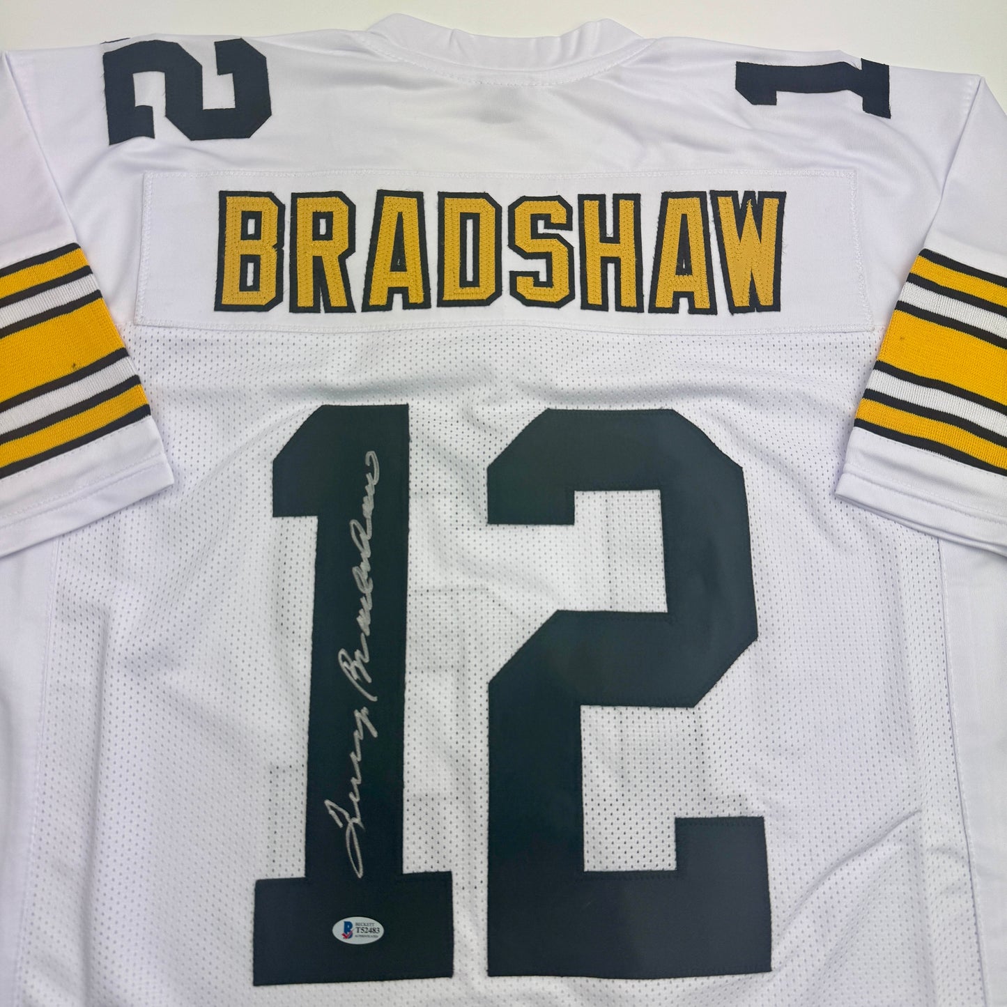 Autographed/Signed Terry Bradshaw Pittsburgh White Football Jersey Beckett BAS COA