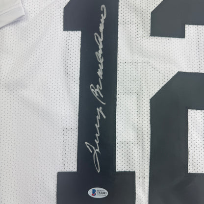 Autographed/Signed Terry Bradshaw Pittsburgh White Football Jersey Beckett BAS COA