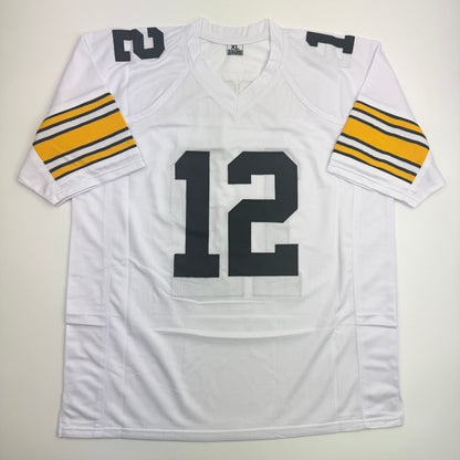 Autographed/Signed Terry Bradshaw Pittsburgh White Football Jersey Beckett BAS COA