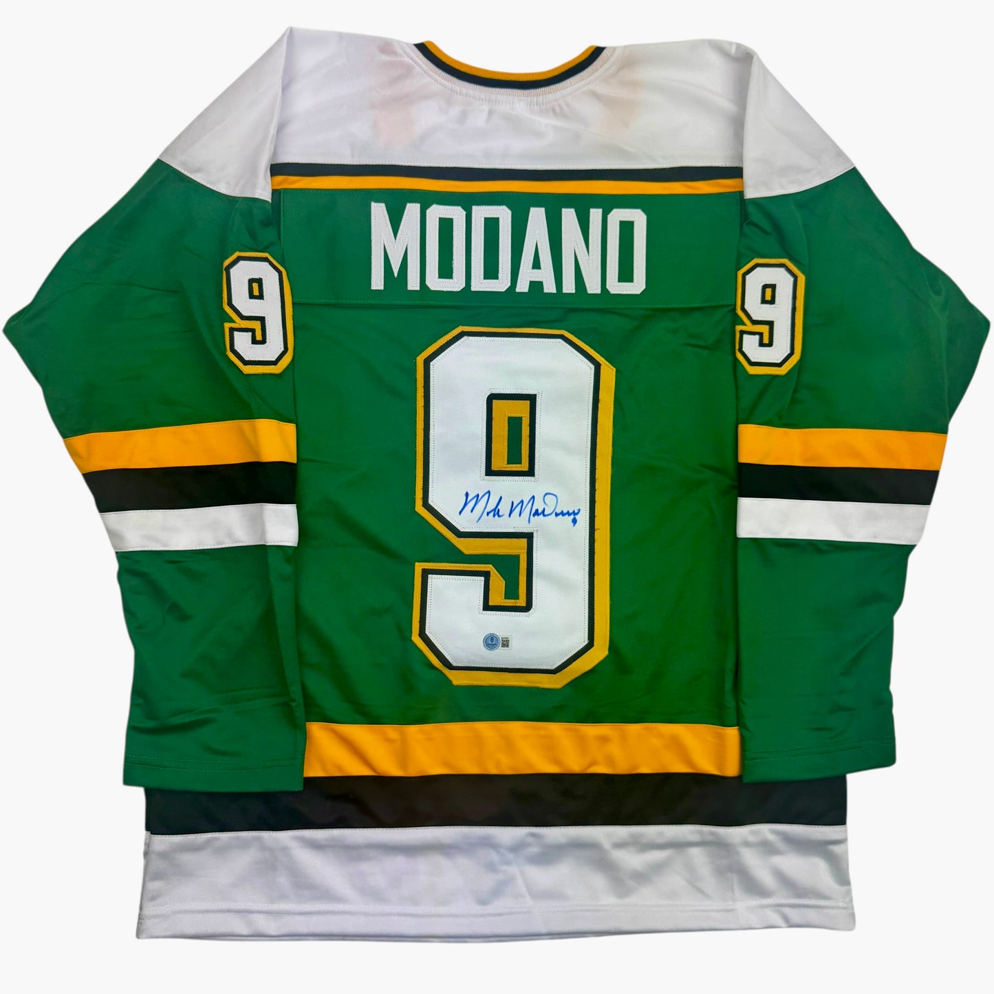 Autographed/Signed Mike Modano Minnesota Green Hockey Jersey Beckett BAS COA