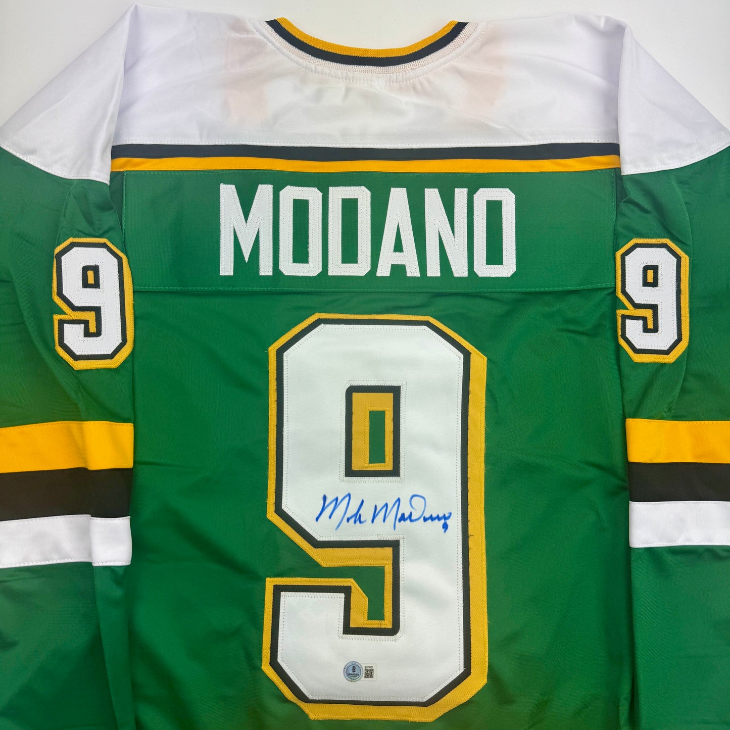 Autographed/Signed Mike Modano Minnesota Green Hockey Jersey Beckett BAS COA