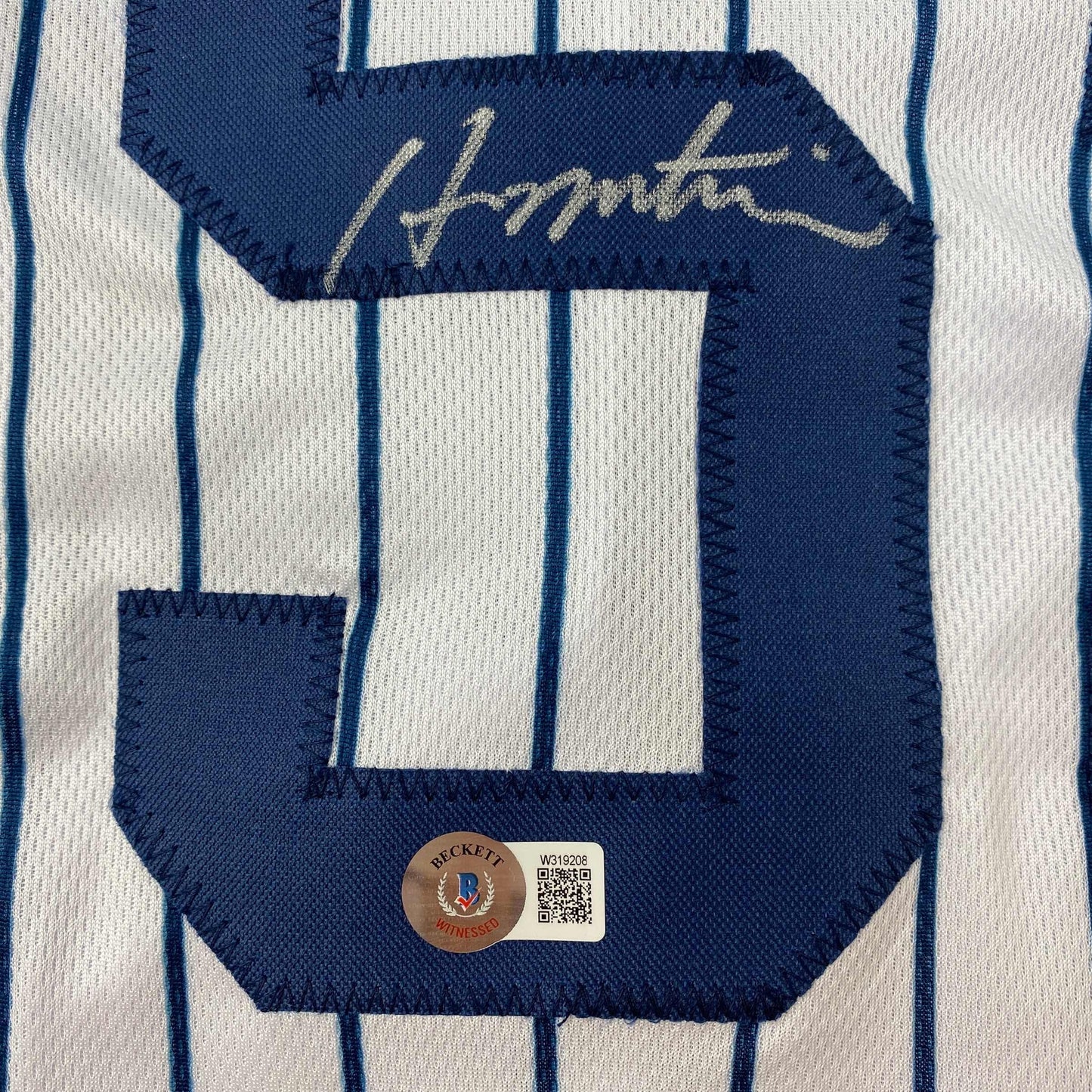 Autographed/Signed Hideki Matsui New York Pinstripe Baseball Jersey Beckett BAS COA