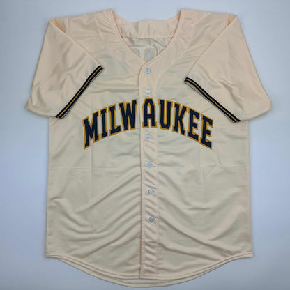 Facsimile Autographed Jacob Misiorowski Milwaukee Cream Reprint Laser Auto Baseball Jersey Size Men's XL