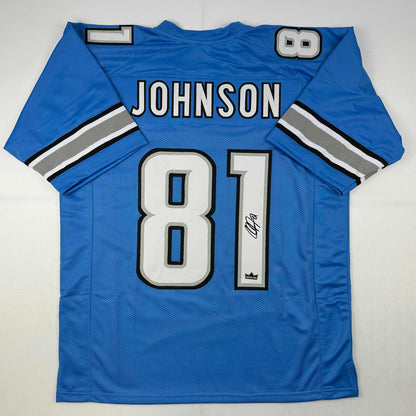 Facsimile Autographed Calvin Johnson Detroit Blue Reprint Laser Auto Football Jersey Size Men's XL