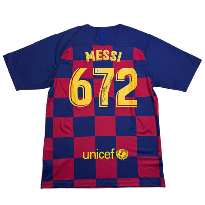 Autographed/Signed Lionel Leo Messi FC Barcelona 672 Goals Soccer Jersey Beckett BAS COA