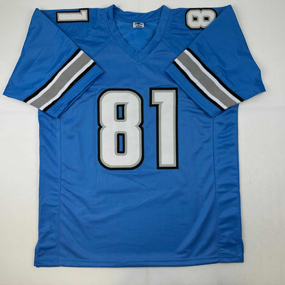 Facsimile Autographed Calvin Johnson Detroit Blue Reprint Laser Auto Football Jersey Size Men's XL