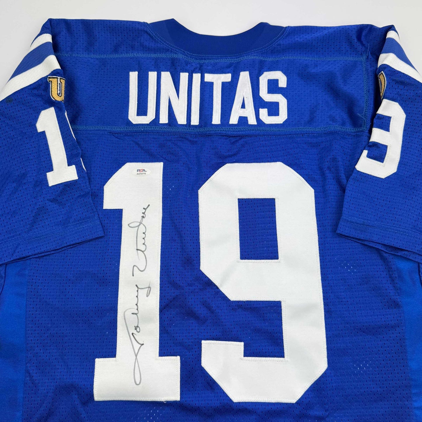Autographed/Signed Johnny Unitas Indianapolis Blue Football Jersey PSA COA