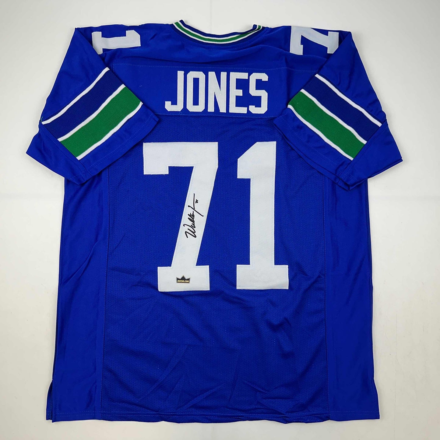 Facsimile Autographed Walter Jones Seattle Blue Reprint Laser Auto Football Jersey Size Men's XL