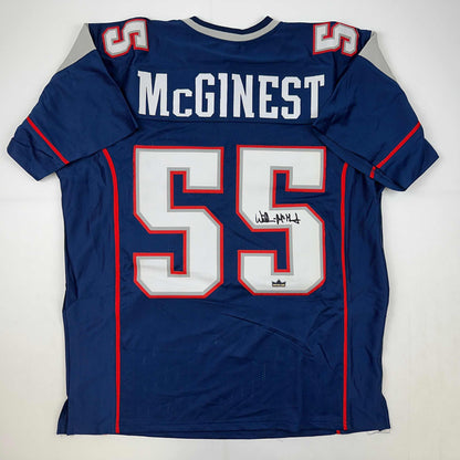 Facsimile Autographed Willie McGinest New England Blue Reprint Laser Auto Football Jersey Size Men's XL
