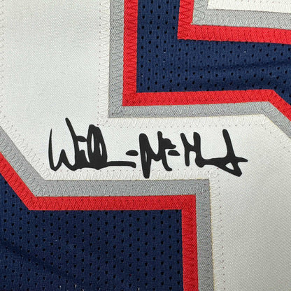 Framed Facsimile Autographed Willie McGinest 35x39 New England Blue Reprint Laser Auto Football Jersey