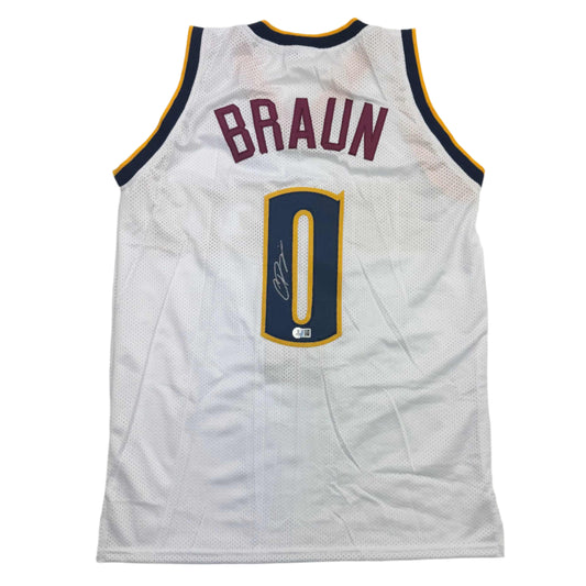 Autographed/Signed Christian Braun Denver White Basketball Jersey Beckett BAS COA