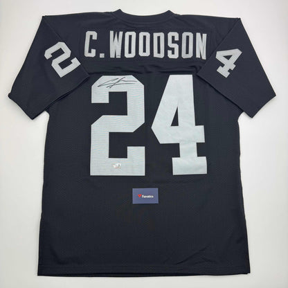 Autographed/Signed Charles Woodson Oakland Raiders Black Mitchell & Ness Football Jersey Fanatics COA