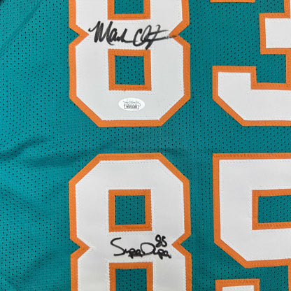 Autographed/Signed Marks Brothers Mark Clayton & Mark Duper Miami Teal Football Jersey JSA COA
