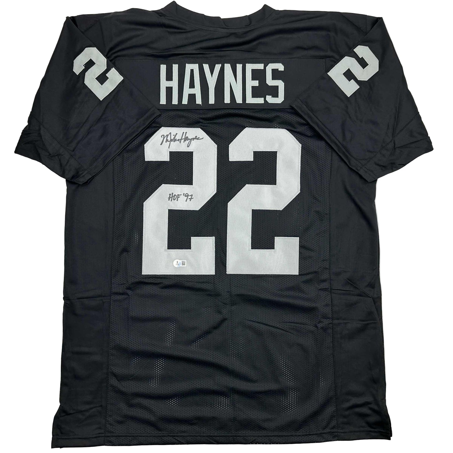 Autographed/Signed Michael Mike Haynes HOF 97 Oakland Black Football Jersey Beckett BAS COA