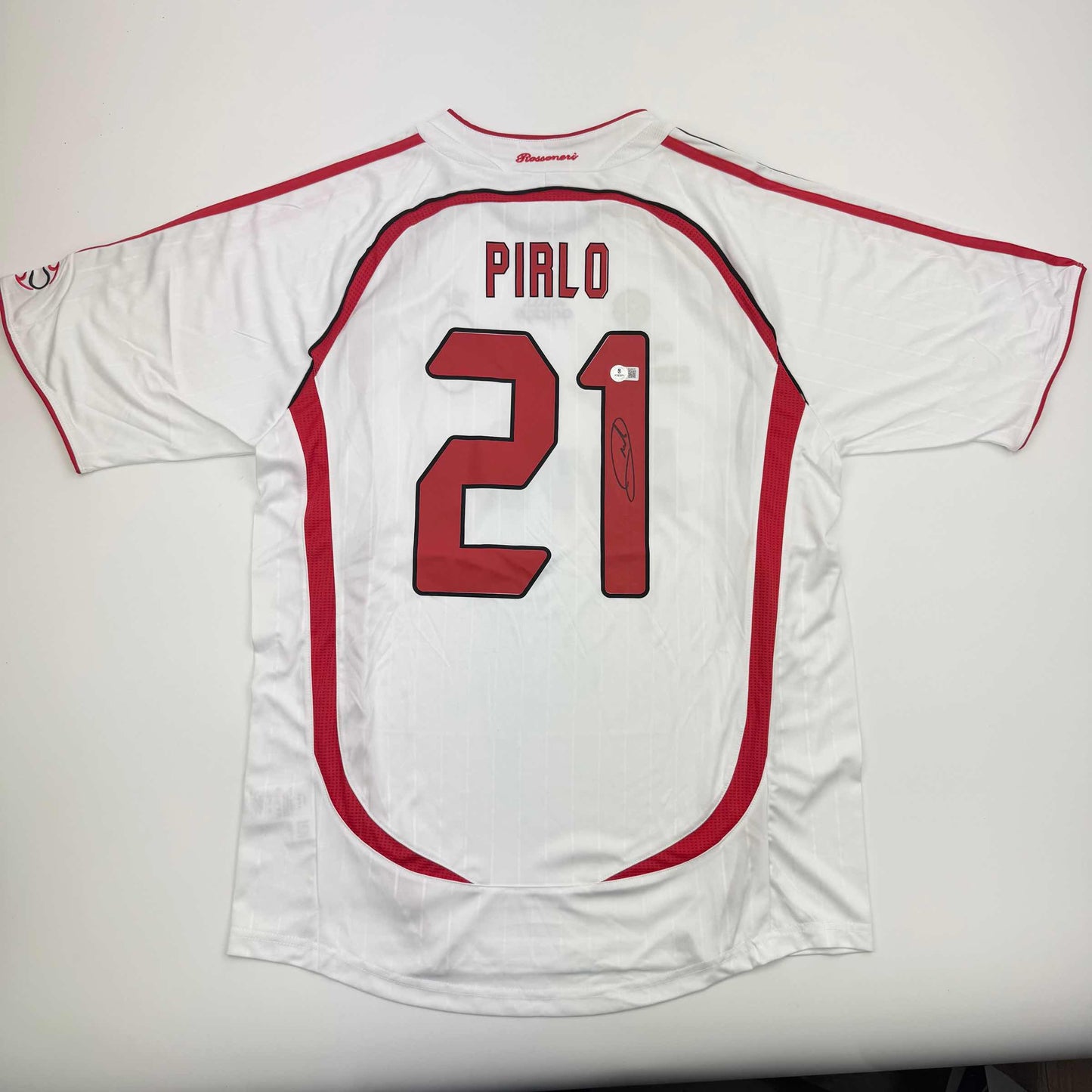Autographed/Signed Andrea Pirlo AC Milan White Soccer Futbol Jersey Beckett BAS COA