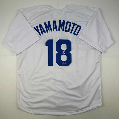 Facsimile Autographed Yoshinobu Yamamoto Los Angeles LA White Reprint Laser Auto Baseball Jersey Size Men's XL