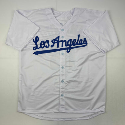 Facsimile Autographed Yoshinobu Yamamoto Los Angeles LA White Reprint Laser Auto Baseball Jersey Size Men's XL