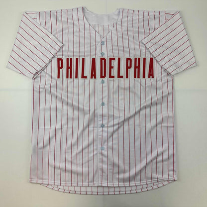 Facsimile Autographed Trea Turner Philadelphia Pinstripe Reprint Laser Auto Baseball Jersey Size Men's XL