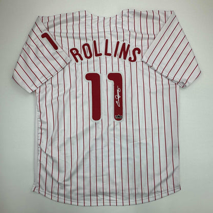 Facsimile Autographed Jimmy Rollins Philadelphia Pinstripe Reprint Laser Auto Baseball Jersey Size Men's XL