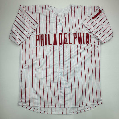 Facsimile Autographed Jimmy Rollins Philadelphia Pinstripe Reprint Laser Auto Baseball Jersey Size Men's XL