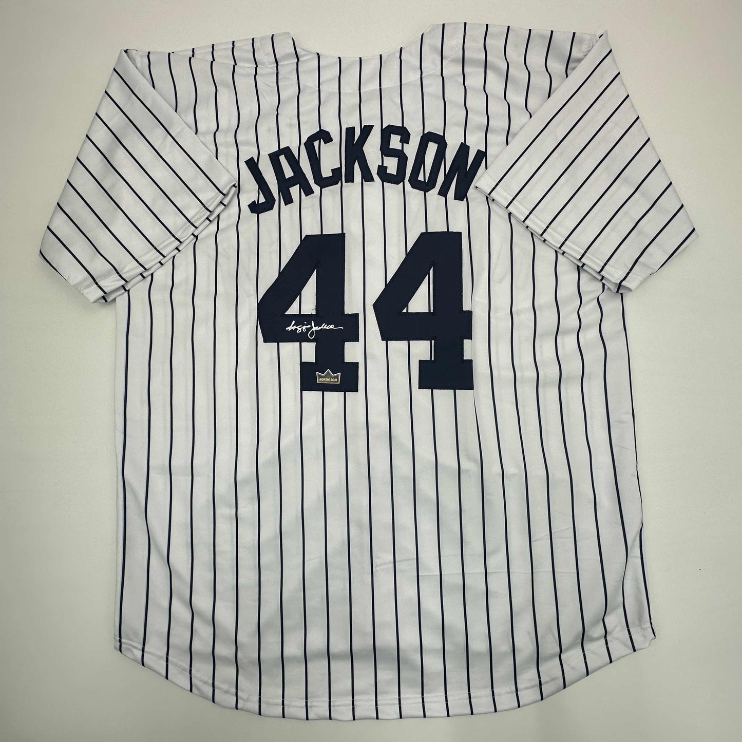 Facsimile Autographed Reggie Jackson New York Pinstripe Reprint Laser Auto Baseball Jersey Size Men's XL