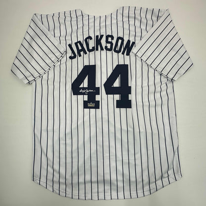 Facsimile Autographed Reggie Jackson New York Pinstripe Reprint Laser Auto Baseball Jersey Size Men's XL