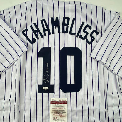 Autographed/Signed Chris Chambliss New York Pinstripe Baseball Jersey JSA COA