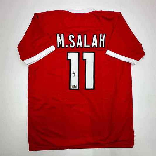 Facsimile Autographed Mohamed Mo Salah Liverpool FC Red Reprint Laser Auto Soccer Jersey Size Men's XL