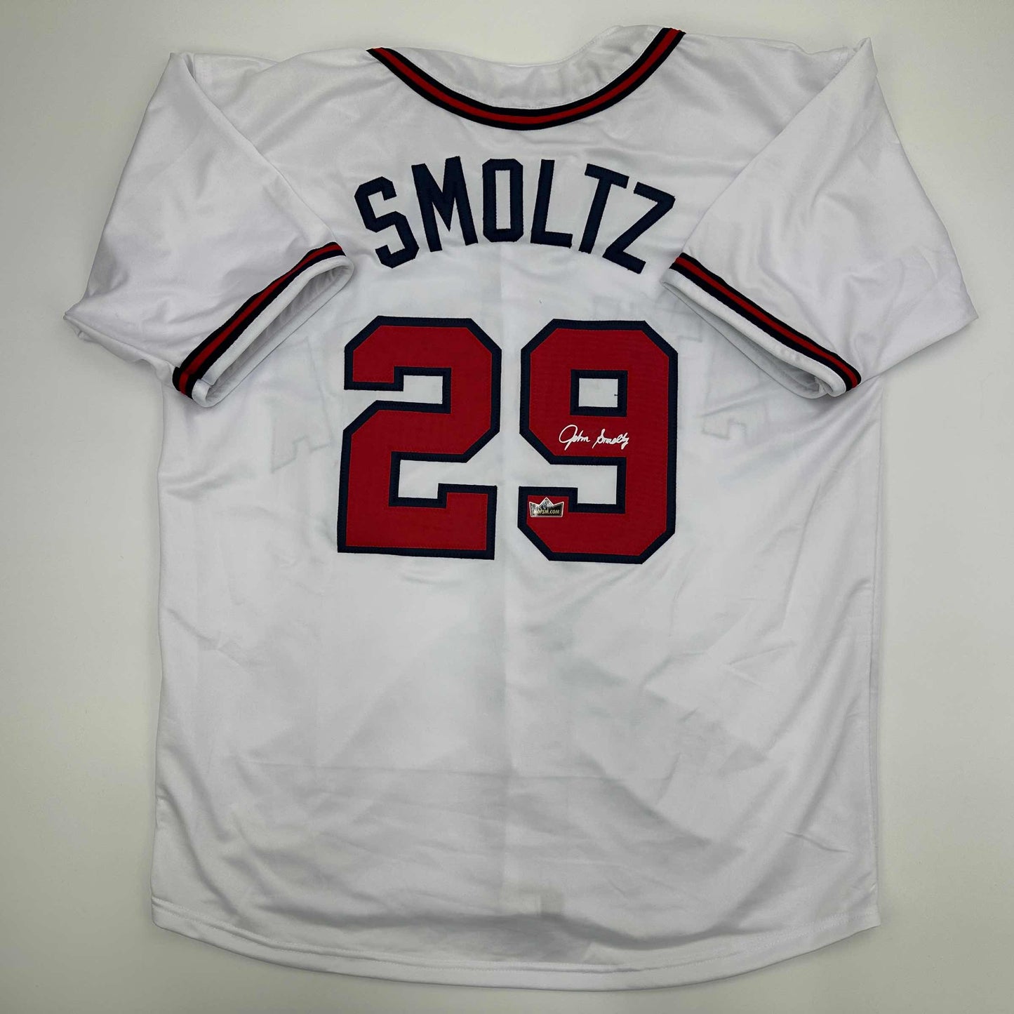 Facsimile Autographed John Smoltz Atlanta White Reprint Laser Auto Baseball Jersey Size Men's XL