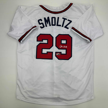 Facsimile Autographed John Smoltz Atlanta White Reprint Laser Auto Baseball Jersey Size Men's XL