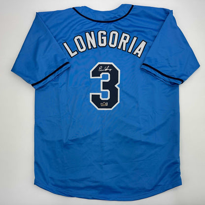 Facsimile Autographed Evan Longoria Tampa Bay Light Blue Reprint Laser Auto Baseball Jersey Size Men's XL
