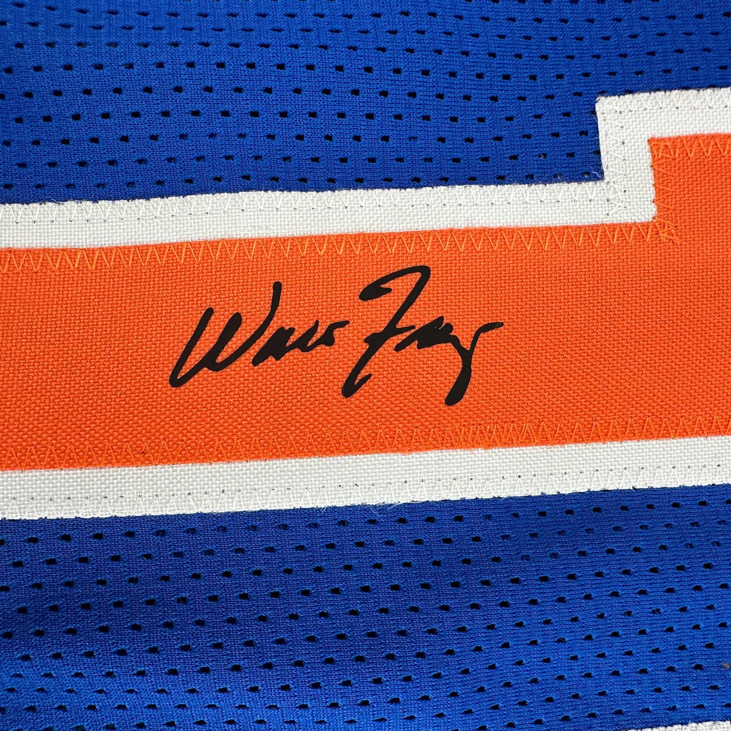 Framed Facsimile Autographed Walt Frazier 35x39 New York Blue Reprint Laser Auto Basketball Jersey