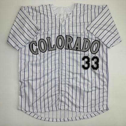 Facsimile Autographed Larry Walker Colorado Pinstripe Reprint Laser Auto Baseball Jersey Size Men's XL