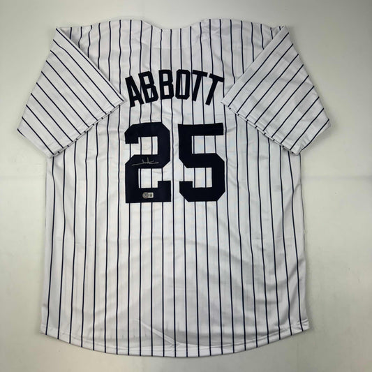 Autographed/Signed Jim Abbott New York White Pinstripe Baseball Jersey Beckett BAS COA