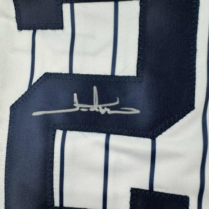 Autographed/Signed Jim Abbott New York White Pinstripe Baseball Jersey Beckett BAS COA
