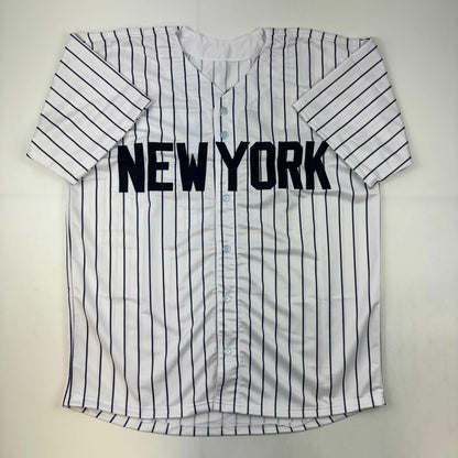 Autographed/Signed Jim Abbott New York White Pinstripe Baseball Jersey Beckett BAS COA