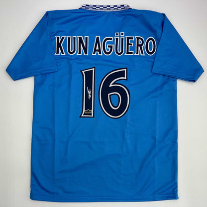Facsimile Autographed Sergio Kun Aguero Manchester City Blue Reprint Laser Auto Soccer Jersey Size Men's XL