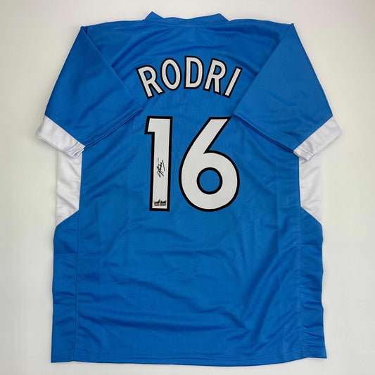 Facsimile Autographed Rodri Rodrigo Cascante Manchester City Blue Reprint Laser Auto Soccer Jersey Size Men's XL