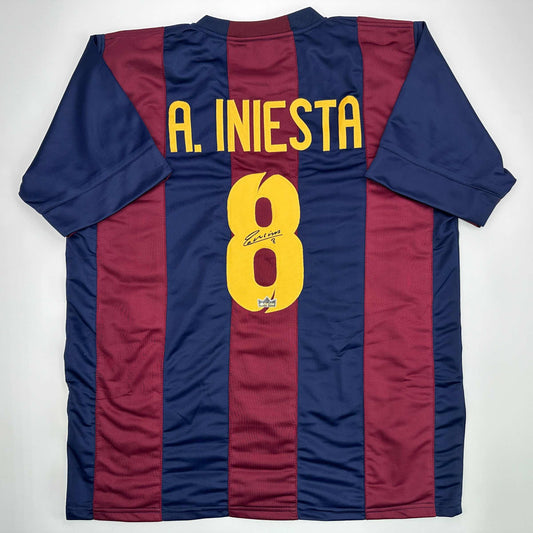 Facsimile Autographed Andres Iniesta FC Barcelona Blue/Red Reprint Laser Auto Soccer Jersey Size Men's XL