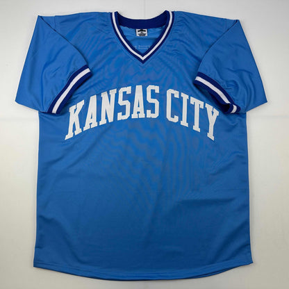Facsimile Autographed George Brett Kansas City Blue Reprint Laser Auto Baseball Jersey Size Men's XL