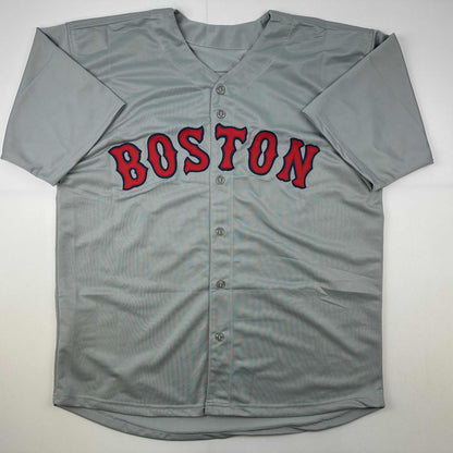 Facsimile Autographed Pedro Martinez Boston Grey Reprint Laser Auto Baseball Jersey Size Men's XL