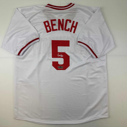 Facsimile Autographed Johnny Bench Cincinnati White Reprint Laser Auto Baseball Jersey Size Men's XL