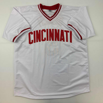 Facsimile Autographed Johnny Bench Cincinnati White Reprint Laser Auto Baseball Jersey Size Men's XL
