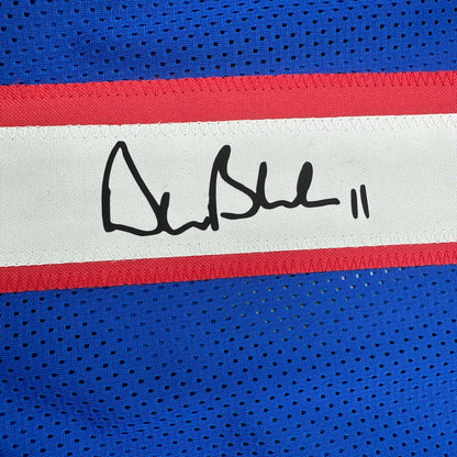 Framed Facsimile Autographed Drew Bledsoe 35x39 New England Blue Reprint Laser Auto Football Jersey